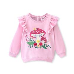 Babyhug Cotton Knit Full Sleeves Sweatshirt With Mushroom Graphics & Frill Detailing - Pink
