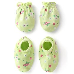 Babyhug 100% Cotton Interlock Knit Mittens & Booties Floral Print - Green