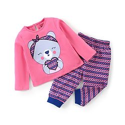 Babyhug Cotton Full Sleeves Night Suit Kitty Print- Pink & Purple