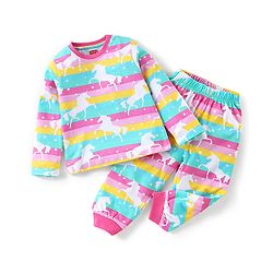Babyhug Cotton Knit Single Jersey Full Sleeves Night Suit With Striped & Unicorn Print - Pink & Blue