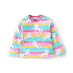 Babyhug Cotton Knit Single Jersey Full Sleeves Night Suit With Striped & Unicorn Print - Pink & Blue