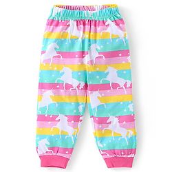 Babyhug Cotton Knit Single Jersey Full Sleeves Night Suit With Striped & Unicorn Print - Pink & Blue