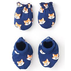 Babyhug 100% Cotton Knit Fox Printed Mittens & Booties Set - Navy Blue