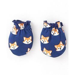 Babyhug 100% Cotton Knit Fox Printed Mittens & Booties Set - Navy Blue