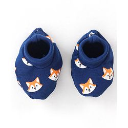 Babyhug 100% Cotton Knit Fox Printed Mittens & Booties Set - Navy Blue