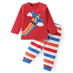 Babyhug Cotton Knit Full Sleeves Night Suit Air Plane Print - Red