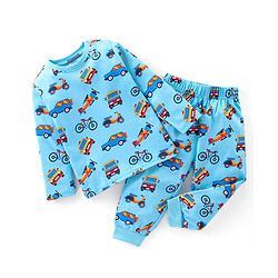 Babyhug Cotton Full Sleeves Night Suit Vehicles Print - Blue