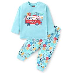 Babyhug Cotton Knit Full Sleeves Night Suit Bus Print - Blue