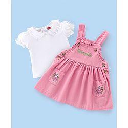 Babyhug Cotton Knit Floral Embroidered Corduroy Frock with Half Sleeves Inner Tee - Pink