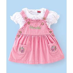 Babyhug Cotton Knit Floral Embroidered Corduroy Frock with Half Sleeves Inner Tee - Pink
