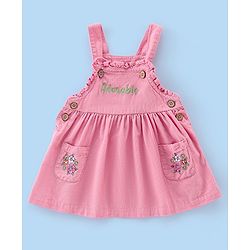 Babyhug Cotton Knit Floral Embroidered Corduroy Frock with Half Sleeves Inner Tee - Pink