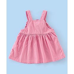 Babyhug Cotton Knit Floral Embroidered Corduroy Frock with Half Sleeves Inner Tee - Pink