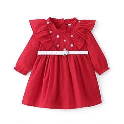 Babyhug 100% Cotton Woven Full Sleeve Frock With Belt & Floral Embroidery - Red