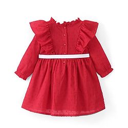 Babyhug 100% Cotton Woven Full Sleeve Frock With Belt & Floral Embroidery - Red