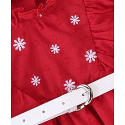 Babyhug 100% Cotton Woven Full Sleeve Frock With Belt & Floral Embroidery - Red