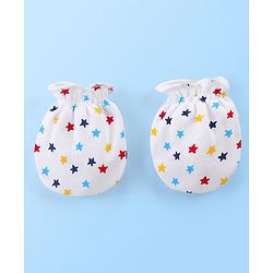 Babyhug 100% Cotton Knit Star Print Cap Mittens & Booties- White