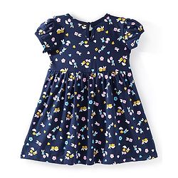 Babyhug Cotton Knit Half Sleeves Floral Printed Frock with Bow Applique - Navy Blue