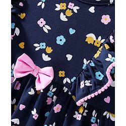 Babyhug Cotton Knit Half Sleeves Floral Printed Frock with Bow Applique - Navy Blue
