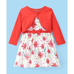 Babyhug Single Jersey Printed Frock with Full Sleeves Knit Shrug - Red