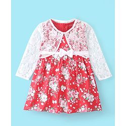 Babyhug Cotton Knit Floral Printed Frock with Full Sleeves Mesh Shrug - Red