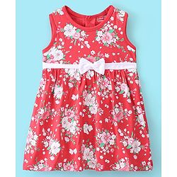 Babyhug Cotton Knit Floral Printed Frock with Full Sleeves Mesh Shrug - Red