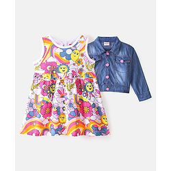 Babyhug Cotton Knit Sleeveless Floral Print Frock with Denim Jacket - Multicolour