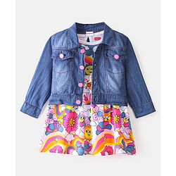 Babyhug Cotton Knit Sleeveless Floral Print Frock with Denim Jacket - Multicolour
