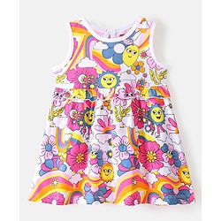 Babyhug Cotton Knit Sleeveless Floral Print Frock with Denim Jacket - Multicolour