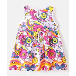 Babyhug Cotton Knit Sleeveless Floral Print Frock with Denim Jacket - Multicolour