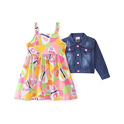 Babyhug Cotton Knit Sleeveless Butterfly Print Frock with Denim Jacket - Multicolour