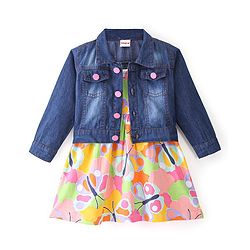Babyhug Cotton Knit Sleeveless Butterfly Print Frock with Denim Jacket - Multicolour