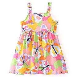 Babyhug Cotton Knit Sleeveless Butterfly Print Frock with Denim Jacket - Multicolour