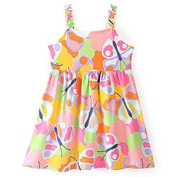 Babyhug Cotton Knit Sleeveless Butterfly Print Frock with Denim Jacket - Multicolour