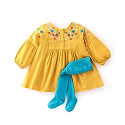 Babyhug Rayon Woven Fullsleeve Frock With Legging With Floral Embroidery - Yellow