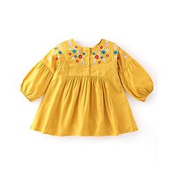 Babyhug Rayon Woven Fullsleeve Frock With Legging With Floral Embroidery - Yellow