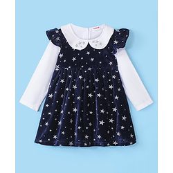 Babyhug 100% Cotton Knit Full Sleeves Frock With Stars Print & Embroidery - White & Navy Blue