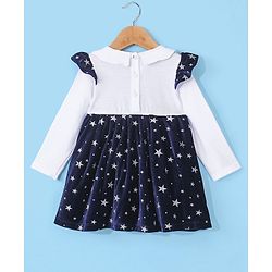 Babyhug 100% Cotton Knit Full Sleeves Frock With Stars Print & Embroidery - White & Navy Blue