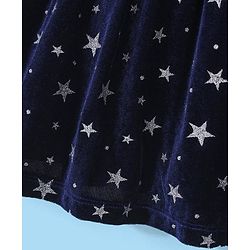 Babyhug 100% Cotton Knit Full Sleeves Frock With Stars Print & Embroidery - White & Navy Blue