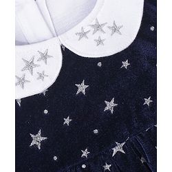Babyhug 100% Cotton Knit Full Sleeves Frock With Stars Print & Embroidery - White & Navy Blue