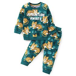Babyhug 100% Cotton Knit Full Sleeves T-Shirt & Lounge Pant With Tiger Print - Green
