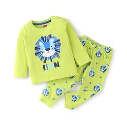 Babyhug Cotton Knit Full Sleeves Lion Printed Night Suit - Green