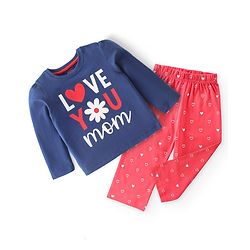 Babyhug Cotton Knit Full Sleeves Night Suit With Text Print - Navy Blue & Red