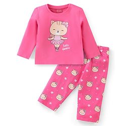 Babyhug Single Jersey Cotton Knit Full Sleeves Nightsuit With Kitty Print - Pink
