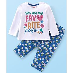 Babyhug Cotton Knit Full Sleeves Night Suit With Text & Floral Print - Navy Blue & White