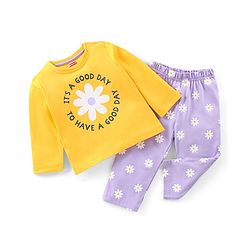 Babyhug Cotton Knit Full Sleeves Text & Floral Printed Night Suit - Yellow & Lavender