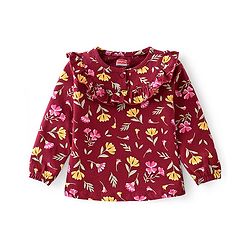 Babyhug 100% Cotton Knit Full Sleeves Top With Frill Detailing Floral Print - Maroon
