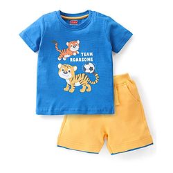 Babyhug 100% Cotton Half Sleeves Lion Printed T-Shirt & Shorts Set - Blue & Yellow