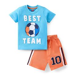 Babyhug Cotton Knit Half Sleeves T-Shirt & Shorts Set Football Print - Blue & Orange