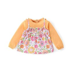 Babyhug Cotton Knit Floral Print Top with Inner Tee & Bow Detailing - Yellow & White