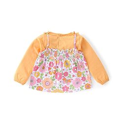 Babyhug Cotton Knit Floral Print Top with Inner Tee & Bow Detailing - Yellow & White